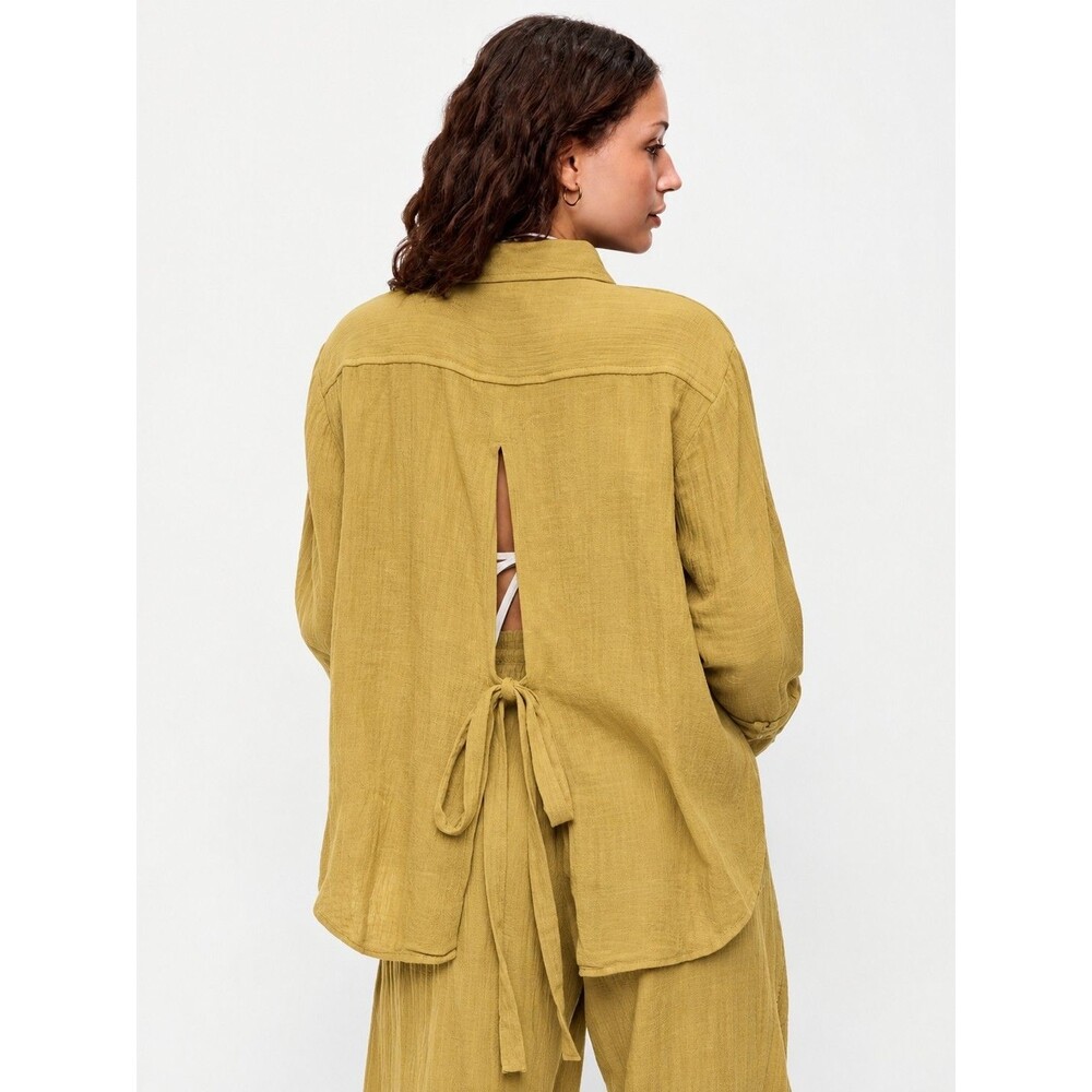 OLD NAVY Mustard Yellow Open Back Tie Crinkle Gauze Button Down Shirt - XXL